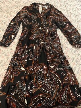 Joseph Ribkoff Black Paisley-Print Long Maxi Dress with Rust and Cream Accents